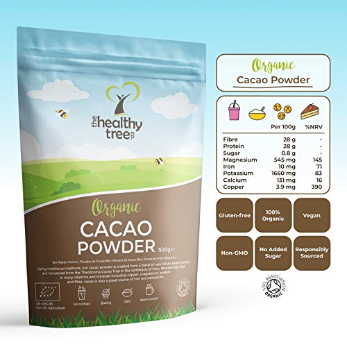 Cacao Crudo Orgánico en Polvo de TheHealthyTree Company para Yogur, Batidos y Repostería - Alto Contenido de Proteínas, Magnesio, Fibra y Potasio - Sin Azúcar, Polvo de Cacao Vegano (500 g)