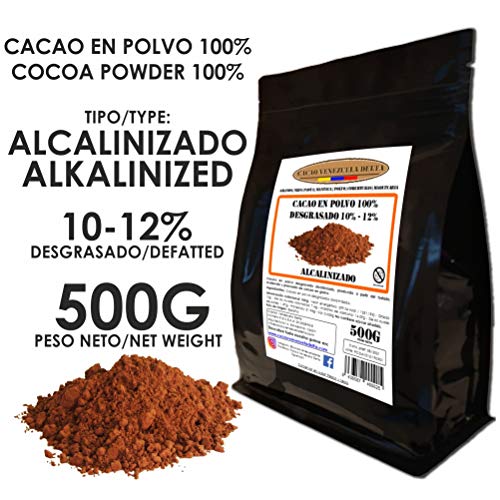 Cacao Venezuela Delta - Cacao en Polvo Puro 100% · Alcalinizado · Desgrasado 10-12% · 500g