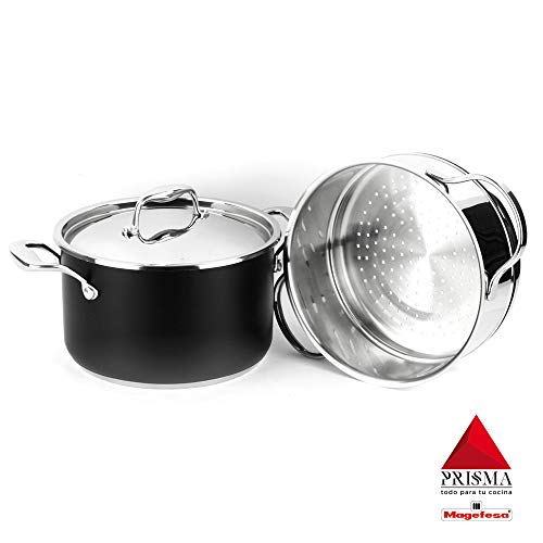 Cacerola Cocina al Vapor MAGEFESA Prisma. Cacerola Fabricada en Acero Inoxidable, Compatible con Todo Tipo Cocina, INDUCCIÓN. Fácil Limpieza. Apto para lavavajillas y Horno.(Cacerola AL Vapor, 20_cm)