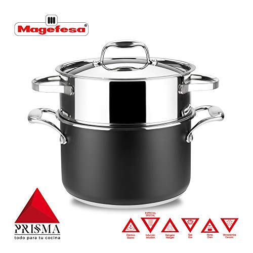 Cacerola Cocina al Vapor MAGEFESA Prisma. Cacerola Fabricada en Acero Inoxidable, Compatible con Todo Tipo Cocina, INDUCCIÓN. Fácil Limpieza. Apto para lavavajillas y Horno.(Cacerola AL Vapor, 20_cm)