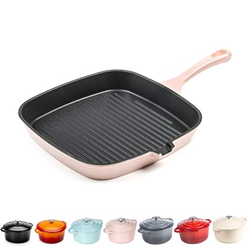 Cacerola redonda de hierro fundido, de cerámica, apta para inducción, gas, apta para horno holandés, con tapa, 10 años 23.5 cm Grill Pan rosa