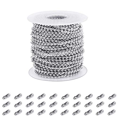 Cadena de bolas de acero inoxidable de 48 pies con cuentas para hacer joyas con 30 conectores (diámetro, 2,4 mm)