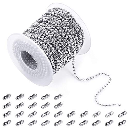 Cadena de bolas de acero inoxidable de 48 pies con cuentas para hacer joyas con 30 conectores (diámetro, 2,4 mm)