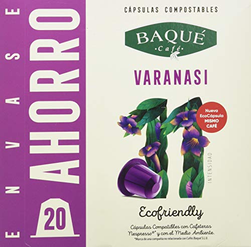 Cafés Baqué - 20 Capsulas Compatibles Nespresso Varanassi - Intensidad 11 De 10 - Capsulas Compostables 100 g