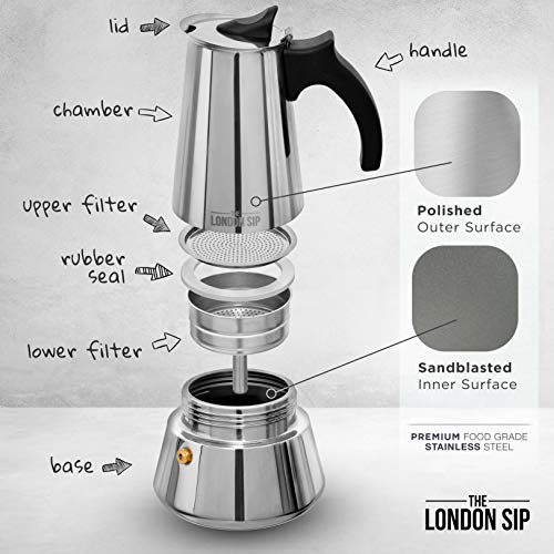 Cafetera clásica Italiana de Inducción en Acero Inoxidable - Prepara café de calidad al estilo italiano en tu casa con esta Cafetera Moka Pot en Cromo Moderno (Plateada, 6 Tazas)