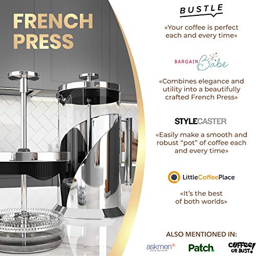 Cafetera de prensa francesa Cafe Du Chateau de 34 onzas, sistema de filtración de 4 niveles, acero inoxidable 304 grado, vidrio de borosilicato resistente al calor