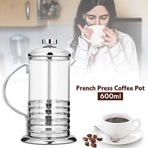 Cafetera de Prensas Francesas de 600 ml / 800 ml, Cafetera de Vidrio de Acero Inoxidable Portátil Taza de Cafetera de émbolo de Café para el hogar, la oficina(600ml)