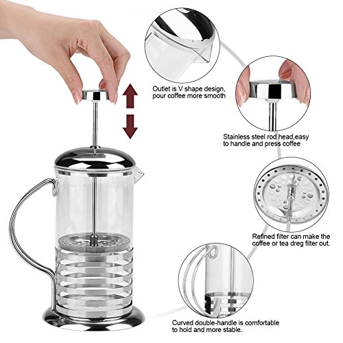 Cafetera de Prensas Francesas de 600 ml / 800 ml, Cafetera de Vidrio de Acero Inoxidable Portátil Taza de Cafetera de émbolo de Café para el hogar, la oficina(600ml)