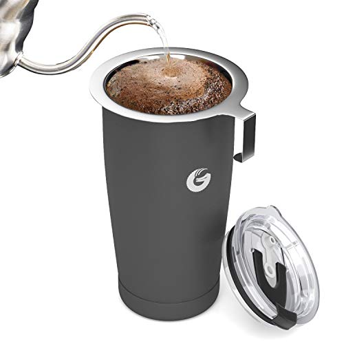 Cafetera de viaje Coffee Gator - Cafetera de goteo sin papel todo en uno - 15,5 oz - Taza de vacío térmico con filtro de micromalla y tapa bloqueable (Gris)