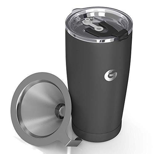 Cafetera de viaje Coffee Gator - Cafetera de goteo sin papel todo en uno - 15,5 oz - Taza de vacío térmico con filtro de micromalla y tapa bloqueable (Gris)