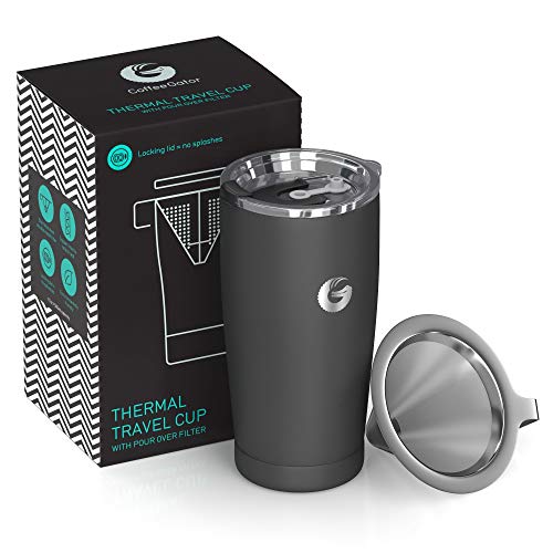 Cafetera de viaje Coffee Gator - Cafetera de goteo sin papel todo en uno - 15,5 oz - Taza de vacío térmico con filtro de micromalla y tapa bloqueable (Gris)