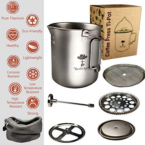 Cafetera Francesa de Presión, Olla de Titanio Puro con Sistema de Filtración de Acero Inoxidable, Taza Multifuncional para Exteriores, Gran Capacidad 750 ml, 220 g, Bestargot®