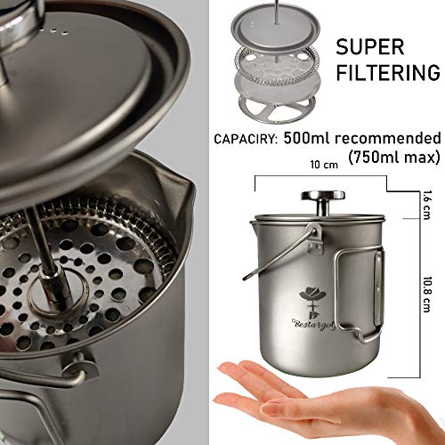 Cafetera Francesa de Presión, Olla de Titanio Puro con Sistema de Filtración de Acero Inoxidable, Taza Multifuncional para Exteriores, Gran Capacidad 750 ml, 220 g, Bestargot®