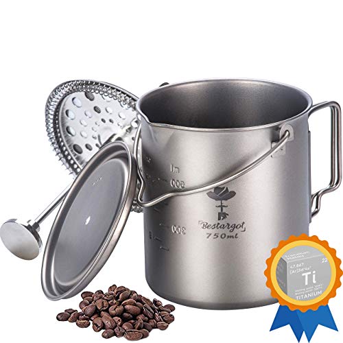 Cafetera Francesa de Presión, Olla de Titanio Puro con Sistema de Filtración de Acero Inoxidable, Taza Multifuncional para Exteriores, Gran Capacidad 750 ml, 220 g, Bestargot®