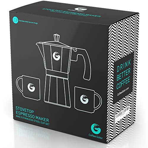 Cafetera Gator Espresso Moka - Cafetera rápida para cocina, compatible con inducción - 2 tazas de acero inoxidable - Capacidad para 350ml/6 tazas