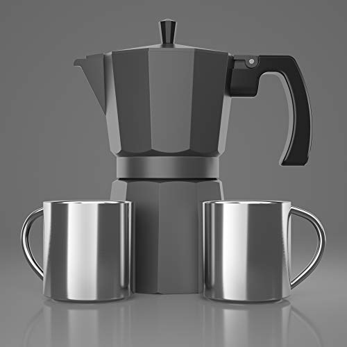 Cafetera Gator Espresso Moka - Cafetera rápida para cocina, compatible con inducción - 2 tazas de acero inoxidable - Capacidad para 350ml/6 tazas