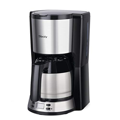 Cafetera Sboly con jarra térmica de acero inoxidable, programable y ajustable, con gran capacidad de 2 a 8 tazas, función antigoteo, compatible con posos de café