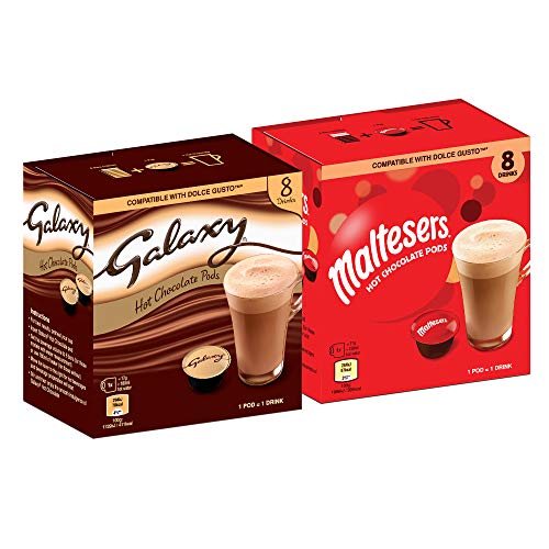 CaffeLuxe Galaxy & Maltesers Hot Chocolate - Paquete de variedad de caja doble - 8 vainas de cada sabor - Vainas compatibles con Dolce Gusto