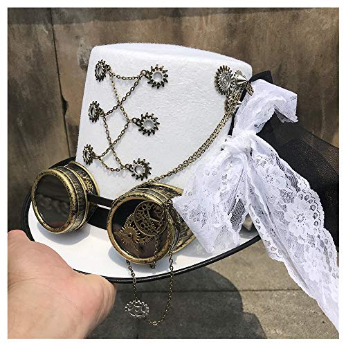 CAIYAN Etapa de Encaje Hecho a Mano Retro de Las Mujeres de Steampunk del Sombrero de Copa con el Engranaje de Taumaturgia Vidrios Y Sombrero Blanco Potencia los 57CM Dimensionamiento