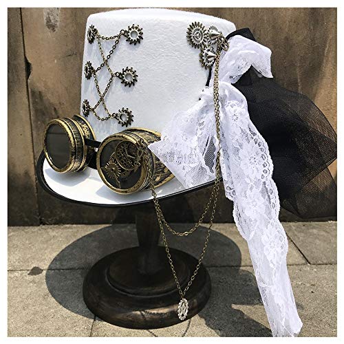 CAIYAN Etapa de Encaje Hecho a Mano Retro de Las Mujeres de Steampunk del Sombrero de Copa con el Engranaje de Taumaturgia Vidrios Y Sombrero Blanco Potencia los 57CM Dimensionamiento