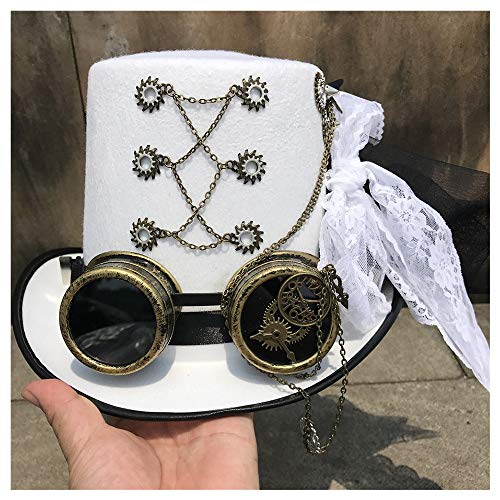 CAIYAN Etapa de Encaje Hecho a Mano Retro de Las Mujeres de Steampunk del Sombrero de Copa con el Engranaje de Taumaturgia Vidrios Y Sombrero Blanco Potencia los 57CM Dimensionamiento