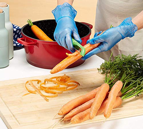 Caja de 100 guantes, de vinilo desechable para uso médico y alimentario de alta calidad, sin polvo y sin látex, color azul, mediano