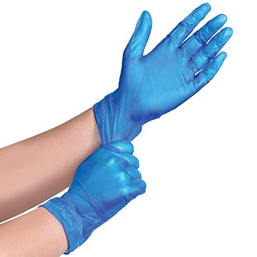 Caja de 100 guantes, de vinilo desechable para uso médico y alimentario de alta calidad, sin polvo y sin látex, color azul, mediano