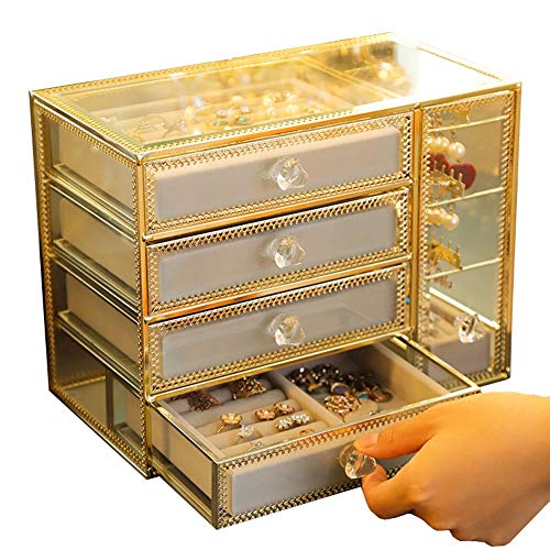 Caja De Almacenamiento De Joyas De Vidrio De Múltiples Capas De Gran Capacidad Neta Roja Transparente Pendientes De Polvo Pendientes Pendientes De Exhibición De Joyería De Mano W12/14 ( Color : Gold )