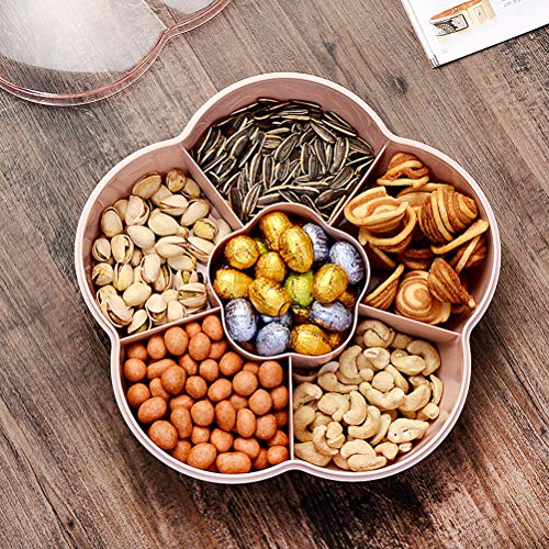 Caja de almacenamiento de refrigerios, Contenedor para servir dulces y nueces, Bandeja de aperitivos con tapa, 6 compartimentos Forma de flor Organizador de almuerzo de almacenamiento de alimentos