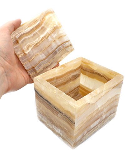 Caja de joyería cuadrada de piedra ámbar que fluye, 5 cm de largo (3.45 libras), tallada en aragonita de ónix de América del Norte, The Artisan Mined Series por hBAR