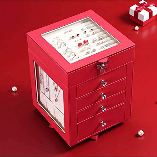 Caja De Joyería, PU Cuero 5 Capa Gran Capacidad Caja Organizadora De Joyas Rotativo Retirable Bandejas De Exhibición De Joyería para Anillos, Aretes, Pulseras Y Collares-Rojo