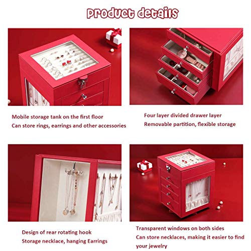 Caja De Joyería, PU Cuero 5 Capa Gran Capacidad Caja Organizadora De Joyas Rotativo Retirable Bandejas De Exhibición De Joyería para Anillos, Aretes, Pulseras Y Collares-Rojo