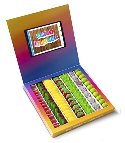 Caja golosinas Instagram 23x23cm con mensaje HAPPY BIRTHDAY, su interior contiene 750g de golosinas Fruit