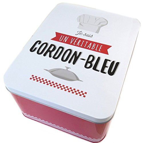 Caja metálica 'Je Suis Un Véritable Cordon Bleu'blanco rojo - 31x24x15 cm.