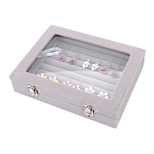 Caja organizadora Ivosmart con 24 secciones de terciopelo y tapa de vidrio para guardar joyas, con exhibidor de anillos o bandeja para aretes., cartón, Gris, 7 Slot (Grey)