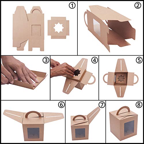Caja Pasteleria Marrón Kraft (Pack de 50) - Caja Carton Desechable Comida para Llevar con Ventana Transparente (9,39 x 9,39 x 10,66cm) - Caja para Tartas, Cupcake, Rebanada Mini Pastel y Postres