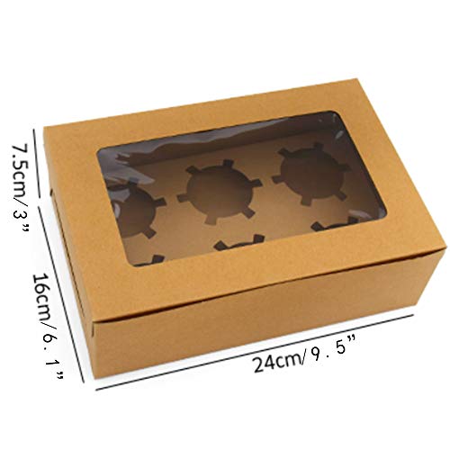 Cajas Kraft para magdalenas con 6 insertos y ventana, cajas grandes de papel kraft estándar para panadería con ventana de grado alimentario para magdalenas y caja de regalo a granel, paquete de 10