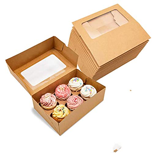 Cajas Kraft para magdalenas con 6 insertos y ventana, cajas grandes de papel kraft estándar para panadería con ventana de grado alimentario para magdalenas y caja de regalo a granel, paquete de 10