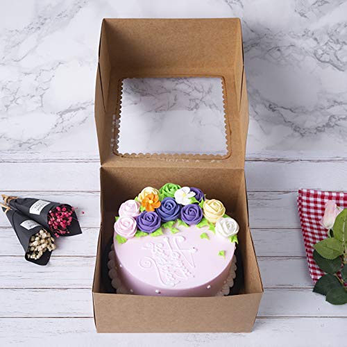 Cajas para pastelería, color marrón, 20 x 20 x 10 cm; caja grande automontable para tartas, de cartón kraft y con ventana (paquete de 15)