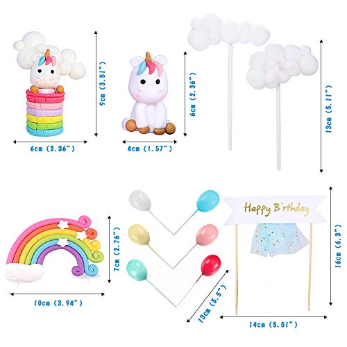 Cake Topper Unicornio, 16 Piezas Decoracion Tartas Cumpleaños con Bandera Feliz Cumpleaños con Globos Arco Iris Nube, personalizado Unicornio Cake Topper para Niñas Niños Fiesta de Cumpleaños