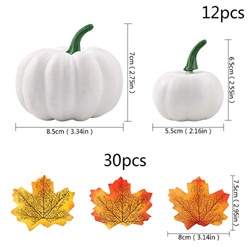 Calabaza Blanca de Halloween,12 Piezas de Calabaza Blanca de Bricolaje,Calabazas Artificiales para la decoración de Halloween acción de Gracias de la Cosecha de otoño,con 30 Piezas de Hoja de Arce