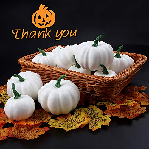 Calabaza Blanca de Halloween,12 Piezas de Calabaza Blanca de Bricolaje,Calabazas Artificiales para la decoración de Halloween acción de Gracias de la Cosecha de otoño,con 30 Piezas de Hoja de Arce