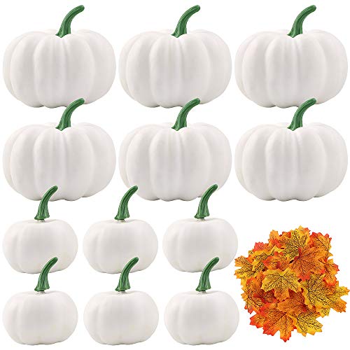 Calabaza Blanca de Halloween,12 Piezas de Calabaza Blanca de Bricolaje,Calabazas Artificiales para la decoración de Halloween acción de Gracias de la Cosecha de otoño,con 30 Piezas de Hoja de Arce