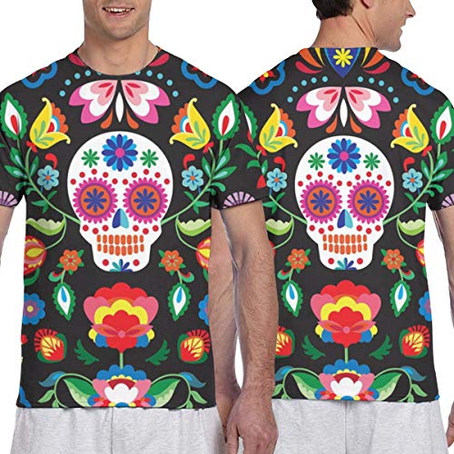 Calaveras de azúcar mexicanas Día de los Muertos Flores Cuello Redondo de Manga Larga para Hombres