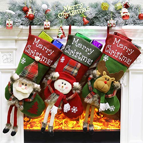 Calcetín de Navidad 3 pcs, Medias de Regalo de Saco de Navidad para la Decoración del Árbol, Adorno de Navidad Bolsa de Dulces, Calcetín de Decoración Navideña para Llenar y Colgar (47 * 25 cm)