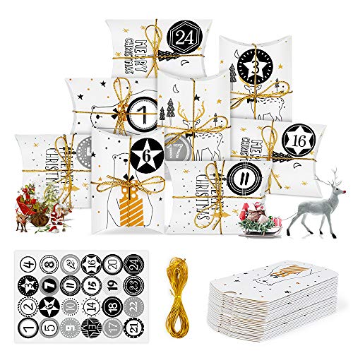 Calendario de Adviento, Navidad Cajas de Regalo Pequeñas, Cajas de Almohadas Papel Kraft con Pegatinas Numeración 1-24 para Navidad Fiesta Artesanias Decoración