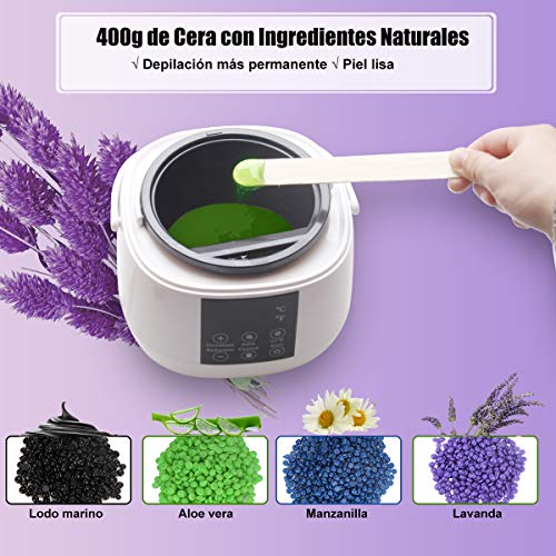 Calentador de Cera Aplicación Eléctrica Wolady Kit de Eliminación de Cera Caliente Depilatory Cera 500ml 4 Paquetes Granos Cera 10 Palillos Spa Cara para Brazos Axilas Piernas Bikini Pantalla Digital