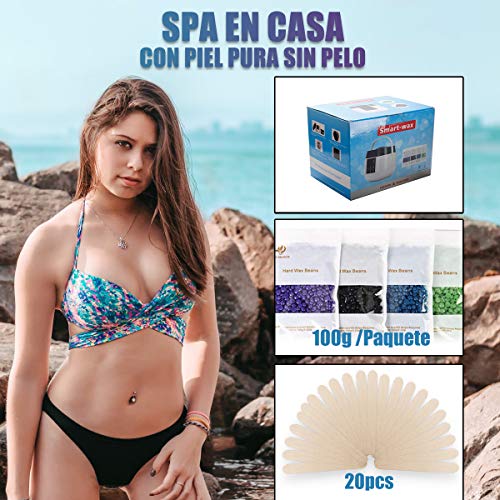 Calentador de Cera Aplicación Eléctrica Wolady Kit de Eliminación de Cera Caliente Depilatory Cera 500ml 4 Paquetes Granos Cera 10 Palillos Spa Cara para Brazos Axilas Piernas Bikini Pantalla Digital