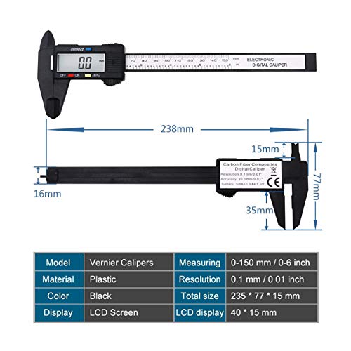 Calibres Digitales - JUNING Digital Vernier Calibre 150 mm Pinzas Digitales de Fibra de Carbono y Plástico, Precisión 0.1mm/0.01'', Liviano y Duradero