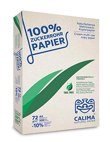 CALIMA® - Papel para fotocopiadora, sin blanquear, 100% caña de azúcar, sostenible, DIN A4 72 g/m2, color natural, 2500 hojas = 5 paquetes de 500 hojas), reciclado